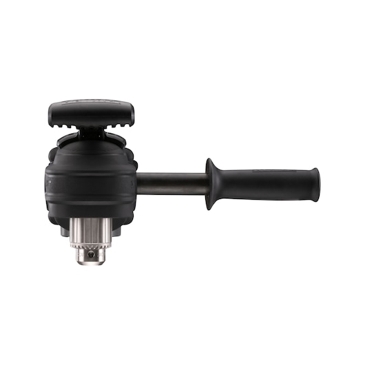 A DEWALT DCD470N drill attachment with a side handle, featuring a robust black body and metallic chuck, viewed from the front.