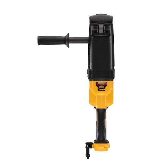 Front view of a DEWALT DCD470N power tool, featuring a yellow and black body with a side handle and a main grip, suitable for heavy-duty drilling tasks.