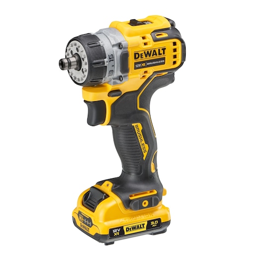 A DEWALT cordless brushless drill, model DCD703L2T, with a yellow and black design, featuring a 12V XR battery and a compact ergonomic handle.