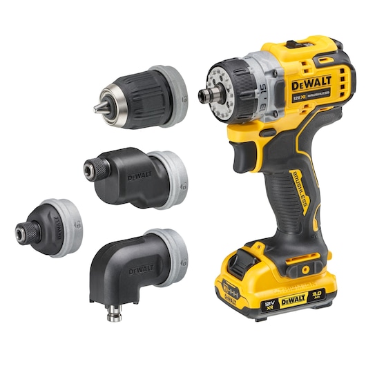 DEWALT 12V XR brushless cordless drill with four interchangeable heads, including a drill chuck and various angle attachments, shown on a white background.