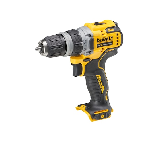 A DEWALT 12V XR cordless brushless drill, shown against a white background. The tool features a yellow and black design with a comfortable grip, variable speed settings, and a keyless chuck.