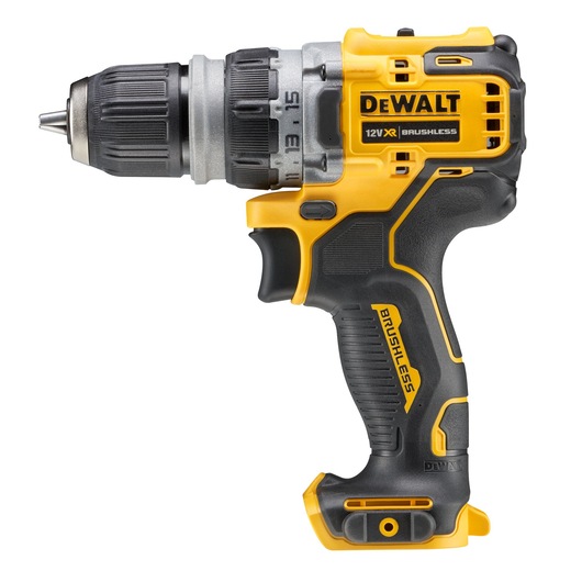 A DEWALT 12V XR cordless brushless drill with a black and yellow design. The drill does not have a battery attached.