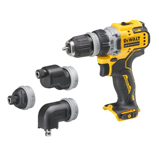 A yellow and black DEWALT cordless drill with three interchangeable attachments placed beside it, designed for versatile drilling and driving applications.