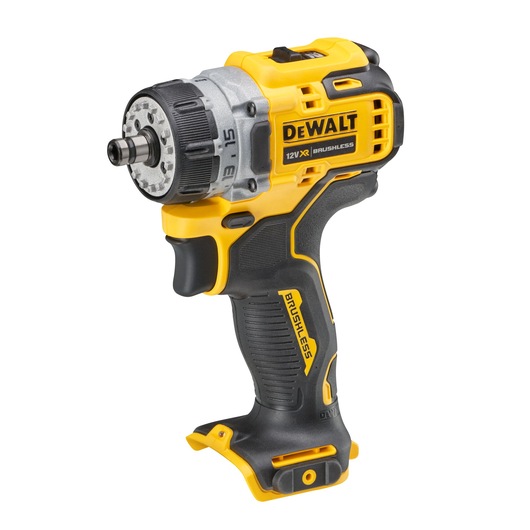 A DEWALT 12V XR brushless cordless drill driver with a yellow and black ergonomic body, without a battery attached.