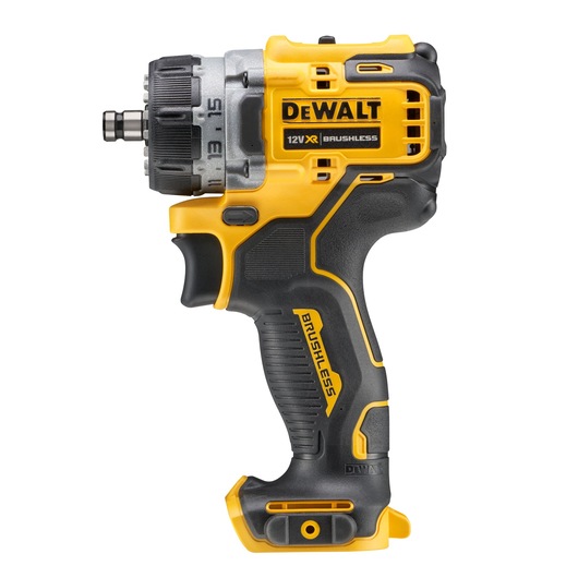 A DEWALT 12V XR brushless cordless drill with a black and yellow design, featuring a textured grip handle and visible branding on the side.