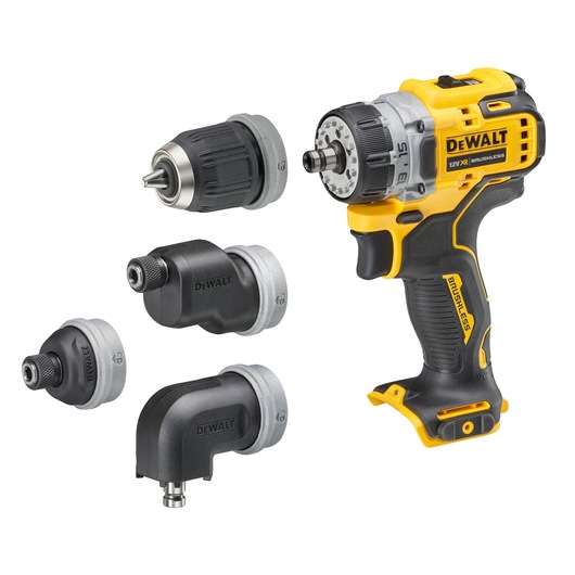 DEWALT 12V brushless cordless drill driver with four interchangeable attachments shown beside it, including a keyless chuck, right angle adapter, offset adapter, and hex adapter. The tool has a yellow and black body and is designed for versatile use.