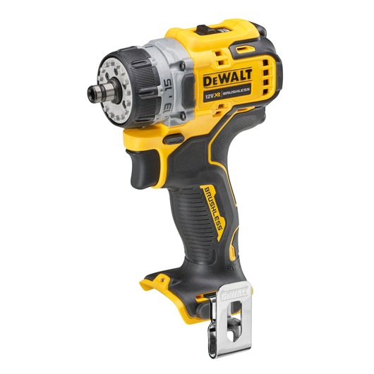 A DEWALT 12V XR brushless cordless drill driver, featuring a compact design with a yellow and black color scheme and a metal belt clip attachment.