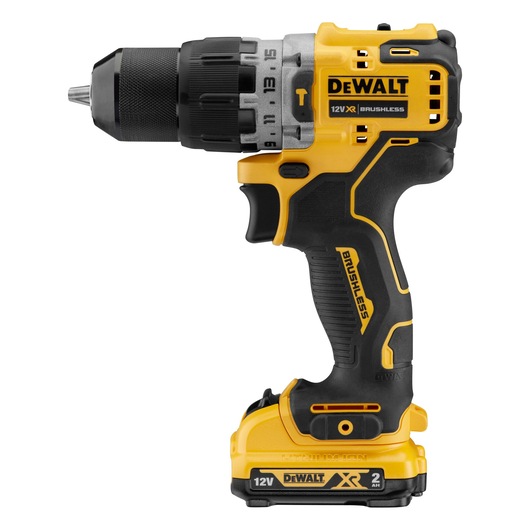 A DEWALT cordless drill, model DCD706D2, featuring a brushless motor and 12V XR Lithium-Ion battery. The drill has a black and yellow design and is intended for professional and home use.