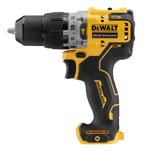 A DEWALT 12V XR brushless cordless drill with a black and yellow design, shown in a side profile on a white background.