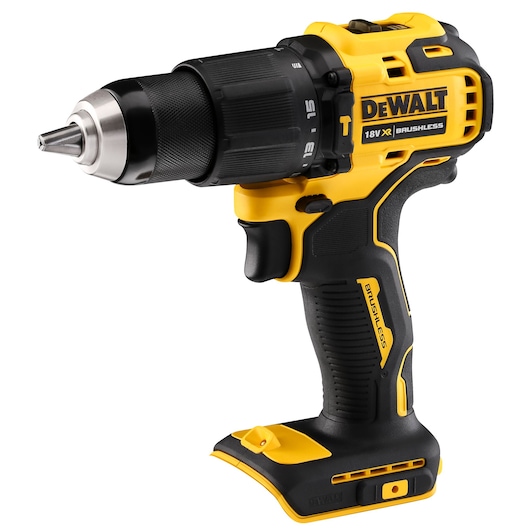 A DEWALT 18V XR brushless cordless drill viewed from the side, showing its yellow and black design with a visible grip and adjustable chuck.