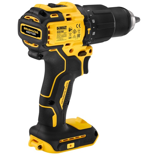 A DEWALT cordless drill with a brushless motor, shown in yellow and black. The drill features a comfortable grip and is designed for use with rechargeable batteries.