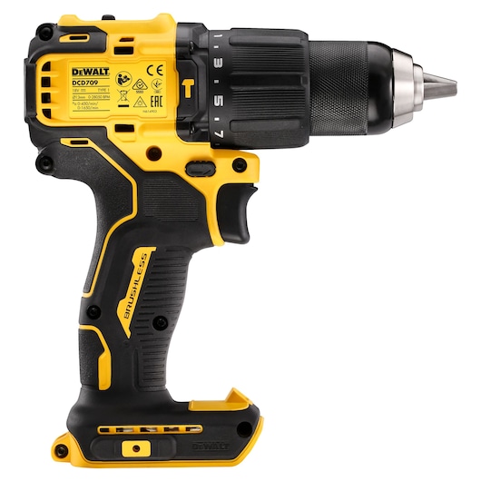 A yellow and black DEWALT cordless drill, model DC709, is shown in a side profile view. The drill features a brushless motor and ergonomic handle, with visible adjustment markings on the chuck.