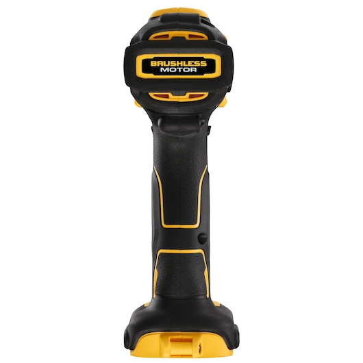 Front view of a DEWALT cordless power tool handle with the label 'Brushless Motor' visible on the top, featuring black and yellow colors.