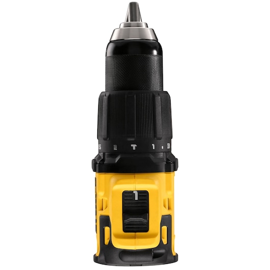 Close-up front view of a DEWALT cordless drill with a black and yellow body, showing the adjustable torque setting and drill bit holder.
