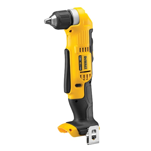 A DEWALT DCD740NT cordless, right-angle drill in yellow and black, standing upright against a white background.