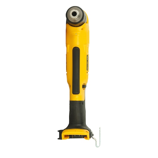 Front view of a DEWALT DCD740NT cordless right angle drill, featuring a yellow and black body and a metal chuck, against a white background.
