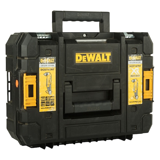 A black DEWALT carrying case for power tools, featuring the yellow DEWALT logo. The case displays product details and an illustration of the DEWALT DCD740NT model on its sides, with sturdy latches and a central handle for easy transport.