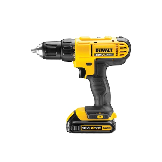 A yellow and black DEWALT cordless power drill with an 18V XR Li-Ion battery, shown against a white background.