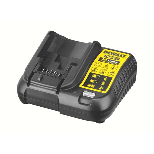 DEWALT DCB107 black and yellow portable lithium-ion battery charger for power tools, shown on a white background.