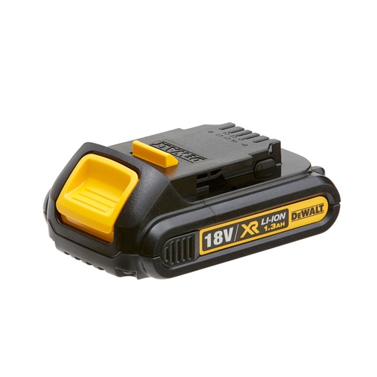 A DEWALT 18V XR lithium-ion battery pack, model with 1.3Ah capacity, mainly black with yellow accents, designed for use with DEWALT power tools.