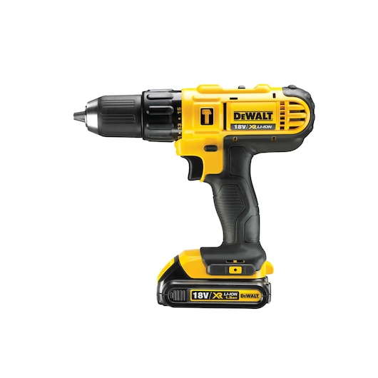 A DEWALT 18V XR Li-Ion cordless drill driver, model DCD776C2, shown in yellow and black color with a battery pack attached at the bottom.