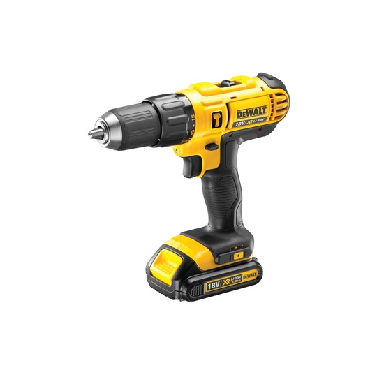 A yellow and black DEWALT cordless power drill, model DCD776C2, with an 18V XR lithium-ion battery, shown on a white background.