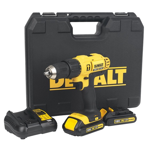 A DEWALT cordless drill driver set, including a yellow and black drill, two 18V XR lithium-ion batteries, a battery charger, and a black carrying case with the DEWALT logo.