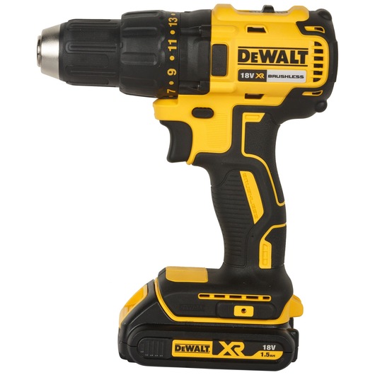 A DEWALT 18V XR brushless cordless power drill with a black and yellow design and visible battery pack.