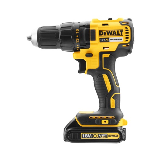 A DEWALT 18V XR brushless cordless drill with yellow and black casing, ergonomic handle, and rechargeable battery pack attached at the base.