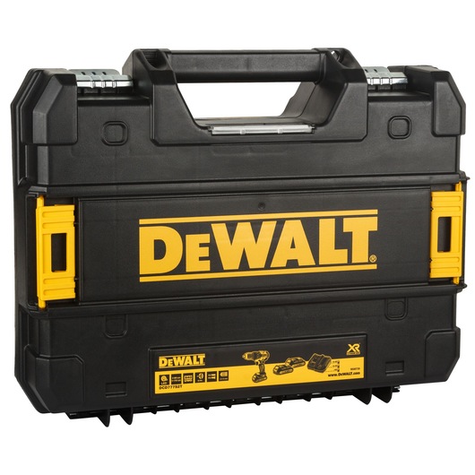 A black and yellow DEWALT branded hard plastic carrying case with a sturdy handle, shown closed. The case features the DEWALT logo prominently in large letters and has a label at the bottom displaying product details and illustrations of tools.