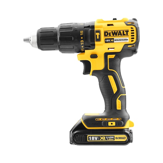 A DEWALT 18V XR brushless cordless drill with a yellow and black design, featuring a lithium-ion 1.5Ah battery attached at the base.