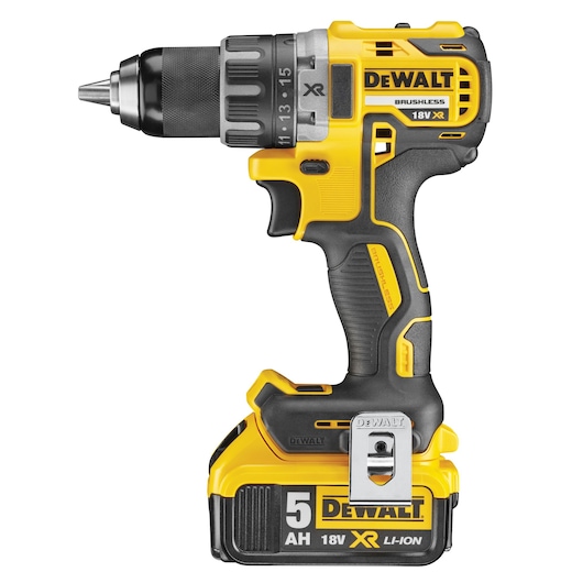Yellow and black DeWalt cordless drill, 18V XR, Li-Ion battery, with ergonomic handle and metal belt clip.