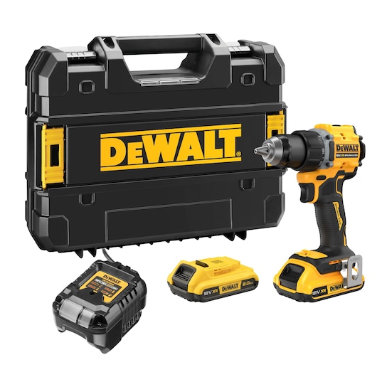 DEWALT cordless drill set including a black and yellow power drill, two batteries, a charger, and a sturdy black carrying case with DEWALT branding.