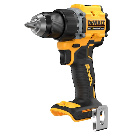 A DEWALT 18V XR brushless cordless drill with a black and yellow ergonomic design, featuring a metal belt clip and adjustable torque settings.