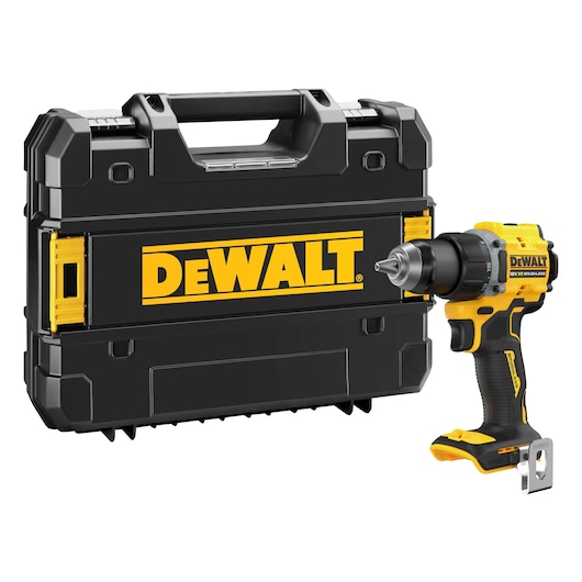 A DEWALT cordless drill with a brushless motor is shown next to a black and yellow DEWALT carrying case.