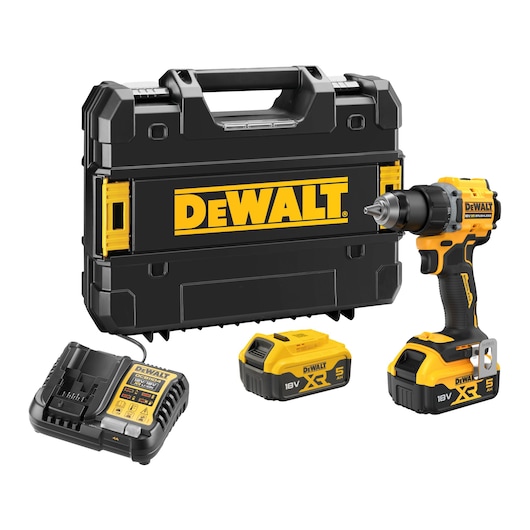 A DEWALT cordless drill kit including a yellow and black cordless drill, two 18V batteries, a battery charger, and a hard carrying case with the DEWALT logo.