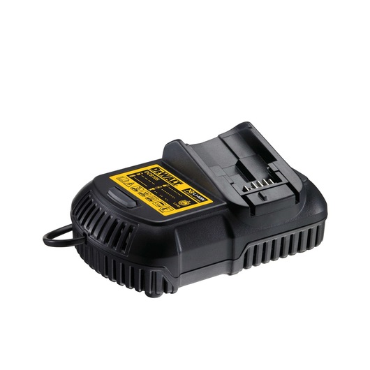 A DEWALT battery charger for power tools, black with yellow label and ridged sides, shown on a white background.