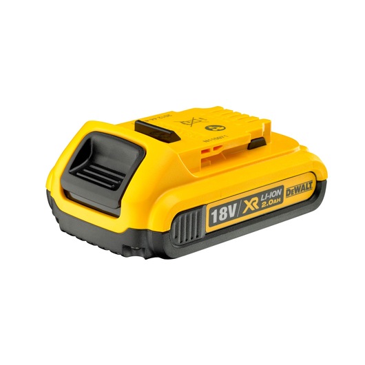 A DEWALT 18V XR Li-Ion 2.0Ah rechargeable battery, featuring a yellow and black design with brand and specifications visible on the side.
