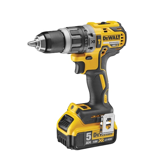 A DEWALT 18V XR cordless brushless drill driver with a 5.0Ah lithium-ion battery, shown in a side view with a yellow and black color scheme.