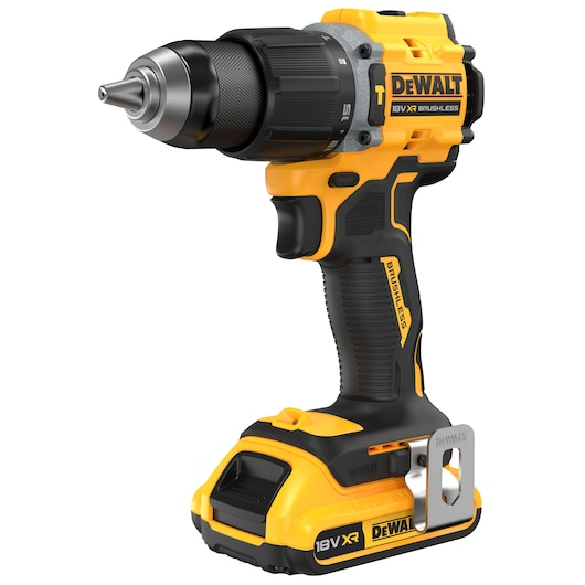 DEWALT 18V XR brushless cordless drill with black and yellow design, shown upright.