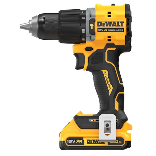 DEWALT 18V XR Brushless cordless drill with black and yellow design, shown from the side.
