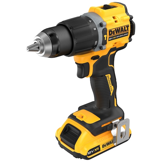 DEWALT 18V XR brushless cordless drill with black and yellow design, shown with battery attached.