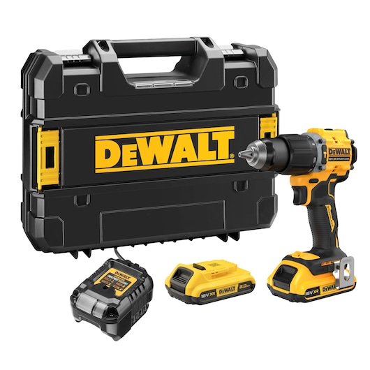 DEWALT cordless drill set with case, charger and two batteries displayed in front of a black tool box.