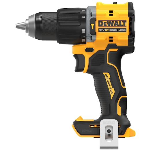 DEWALT 18V cordless brushless drill driver, yellow and black, side view, no battery attached.