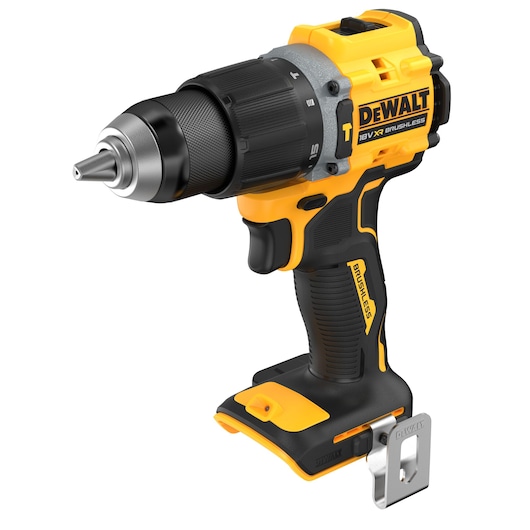DEWALT DCD799NT cordless yellow and black brushless drill with metal clip, shown without battery.