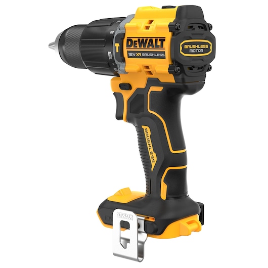 DEWALT 18V XR brushless cordless drill body in yellow and black, shown without battery attached.