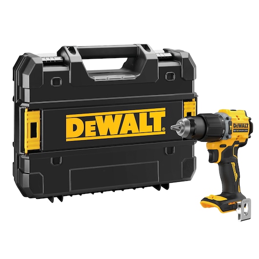 DEWALT cordless drill with black carrying case, brand logo visible on the case and tool.