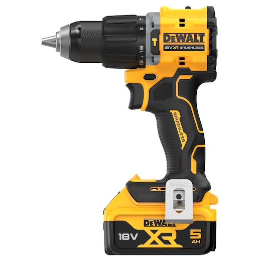 DEWALT 18V XR brushless cordless drill with 5AH battery shown upright on a white background.
