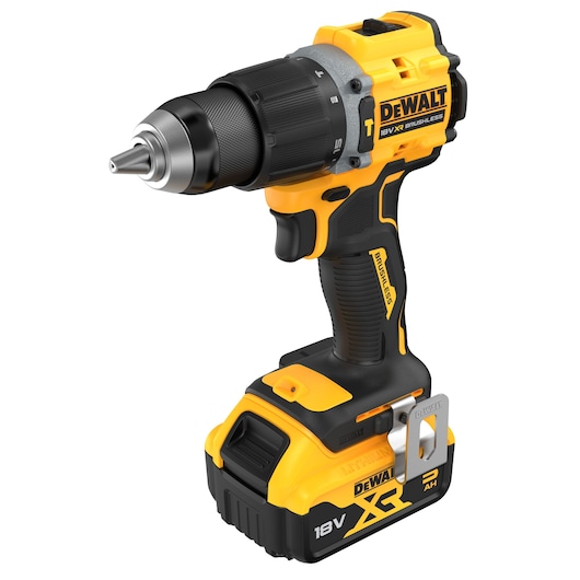 Cordless yellow and black DEWALT 18V XR brushless drill with battery and belt clip.