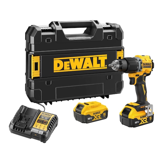 DEWALT drill set with carrying case, charger, and two 18V batteries displayed together.